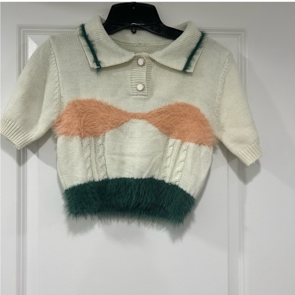 Andersson Bell revolve Cream and Green Knit Polo Top shirt crop